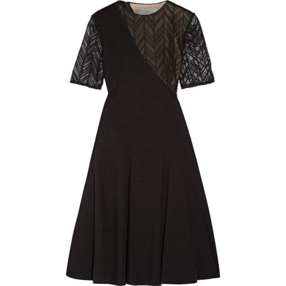 Jason Wu Black Lace-Paneled Stretch-Ponte Short Sleeve Fit & Flare Dress - Picture 2 of 12